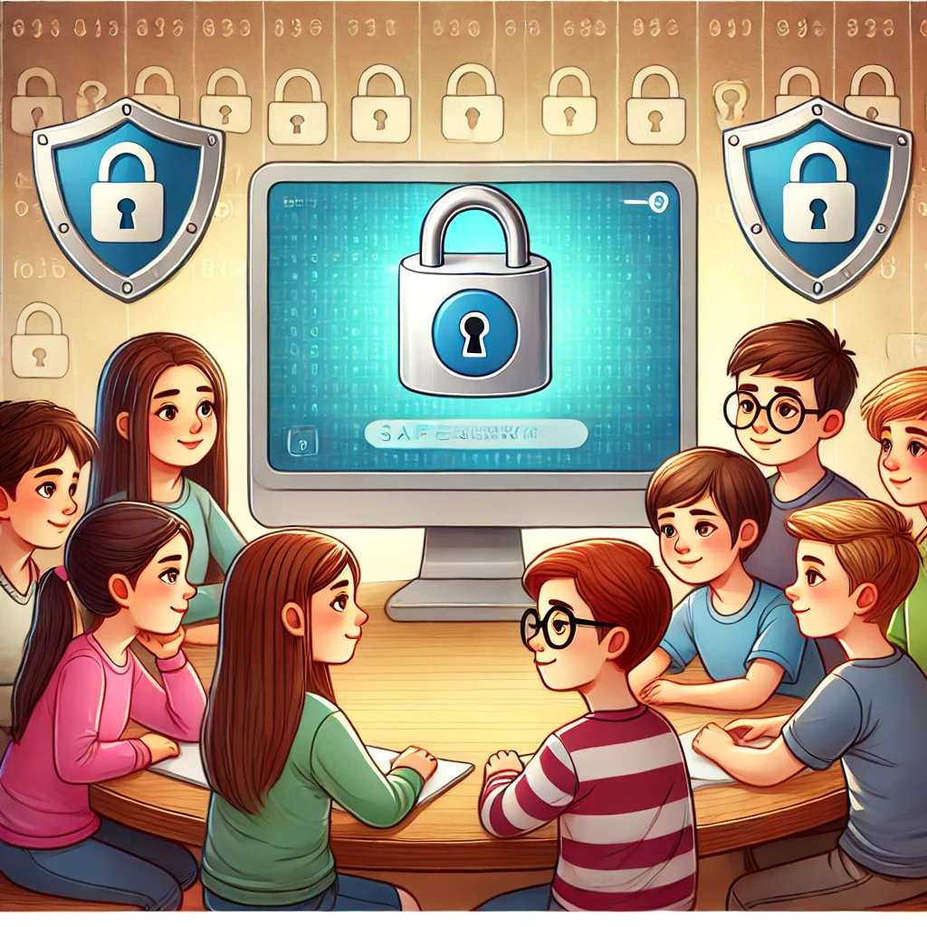 Safeguarding Online: Image of PC screen with padlock and surrounded by young learners.