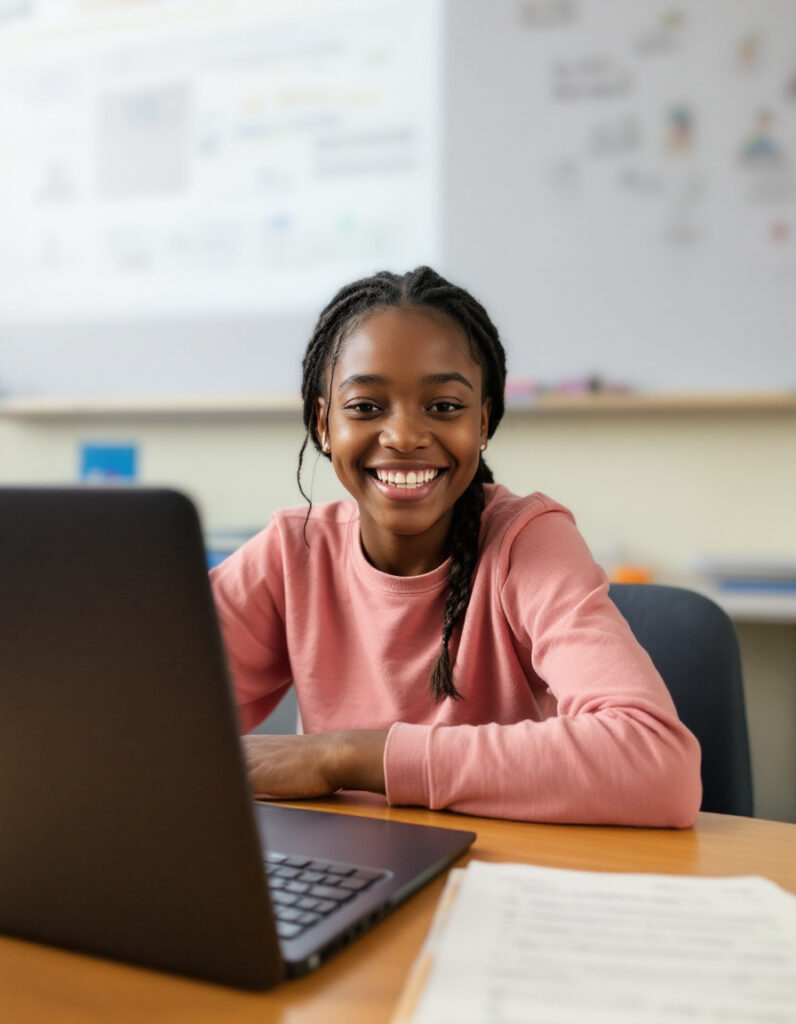 Happy student sitting in front of her PC