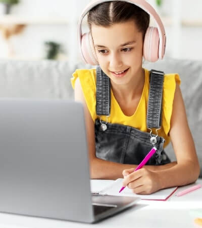 happy Queen's online school girl studying