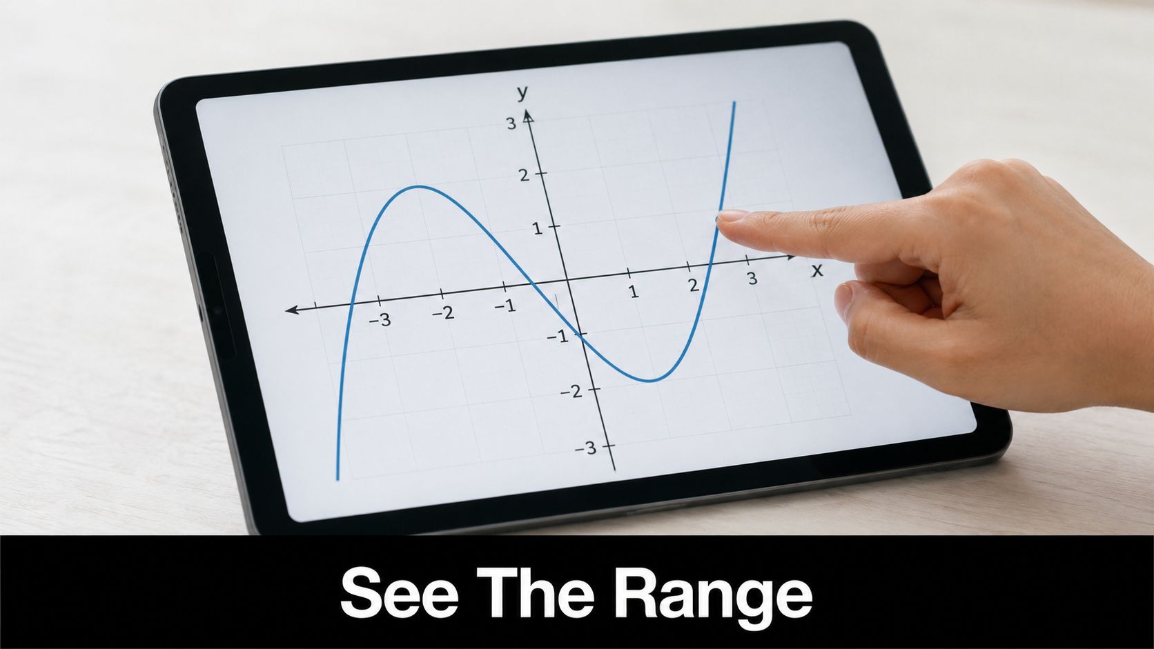 A hand pointing at a cubic function graph displayed on a tablet screen, illustrating mathematical concepts.