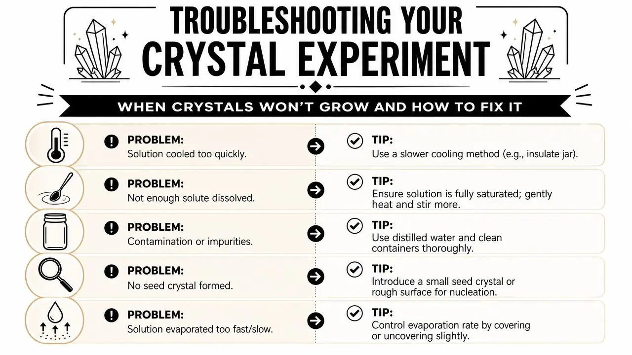 A troubleshooting guide graphic with five tips for fixing issues when growing crystals at home.