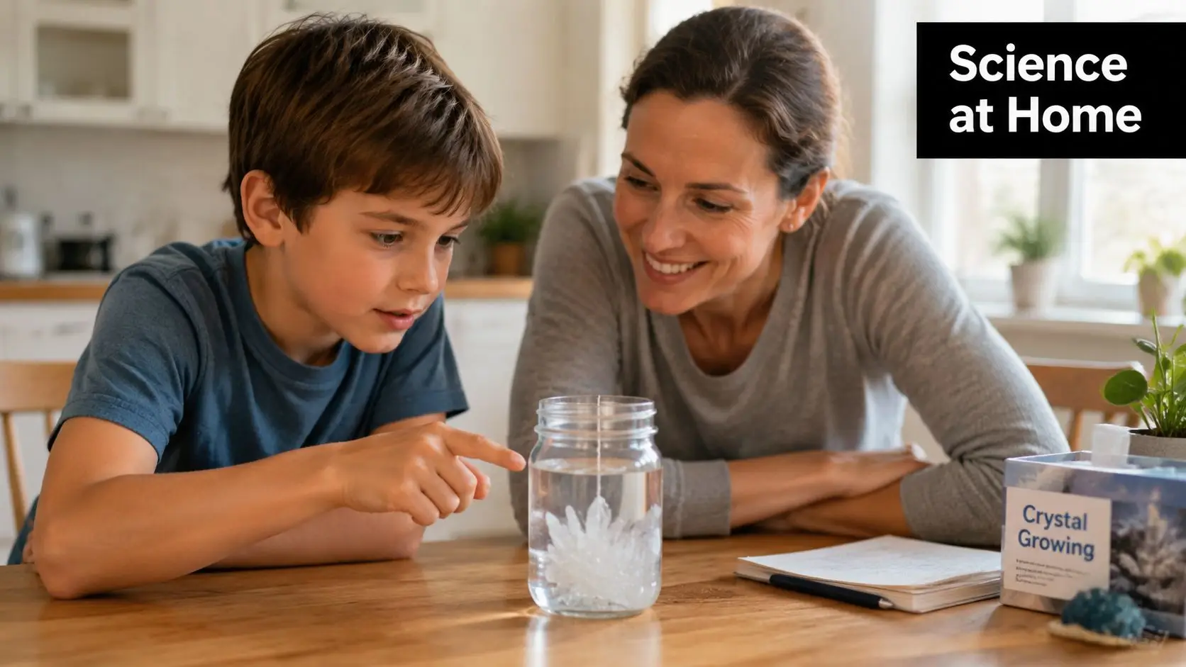 A mother and son smiling as they study a crystal growing experiment on their kitchen table.