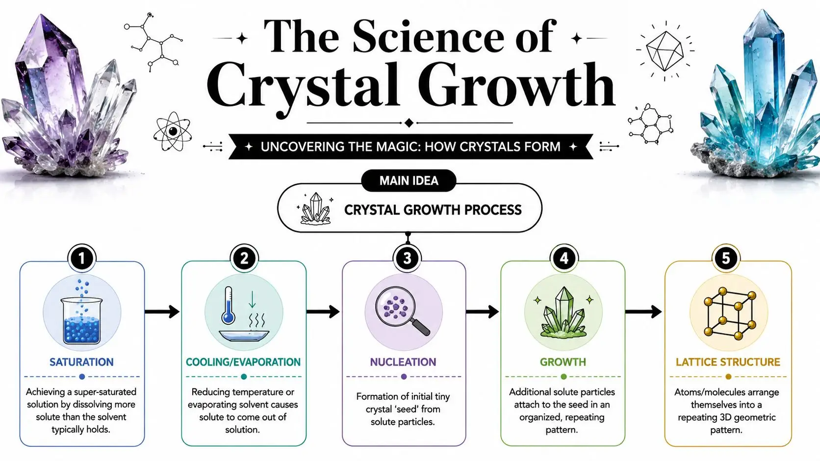 An infographic diagram explaining the scientific five-step process of crystal growth, from saturation to lattice structure formation.