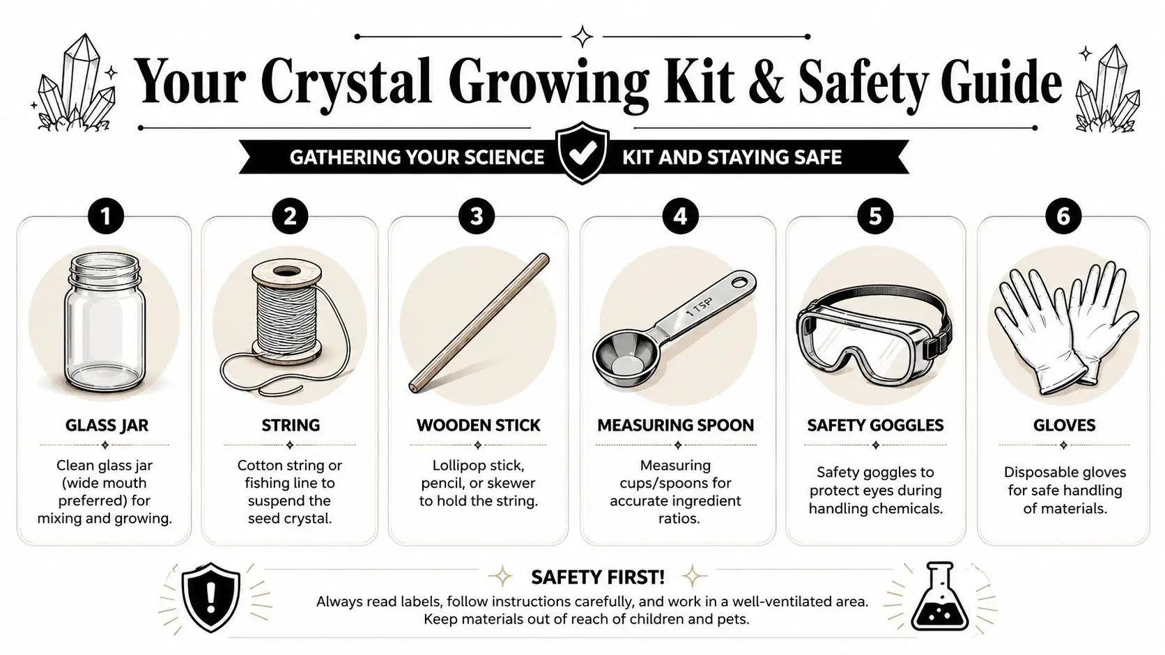 A safety guide infographic illustrating the materials needed for a DIY crystal growing science project kit.