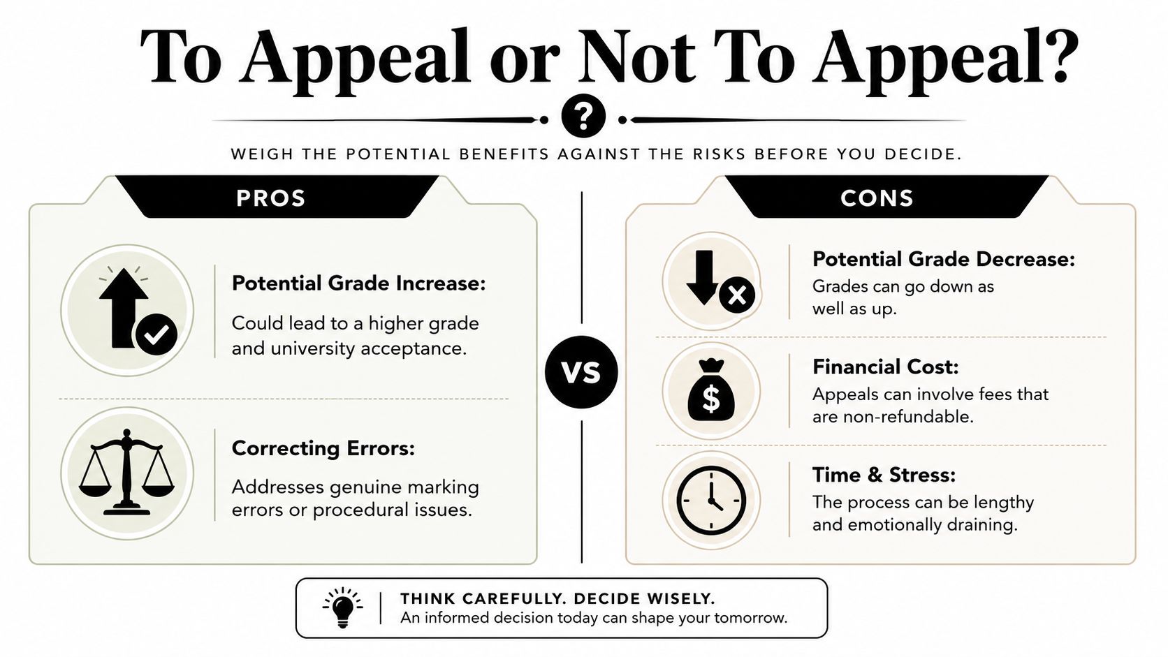 A balanced infographic comparing the potential pros and cons of deciding whether to appeal academic exam results.