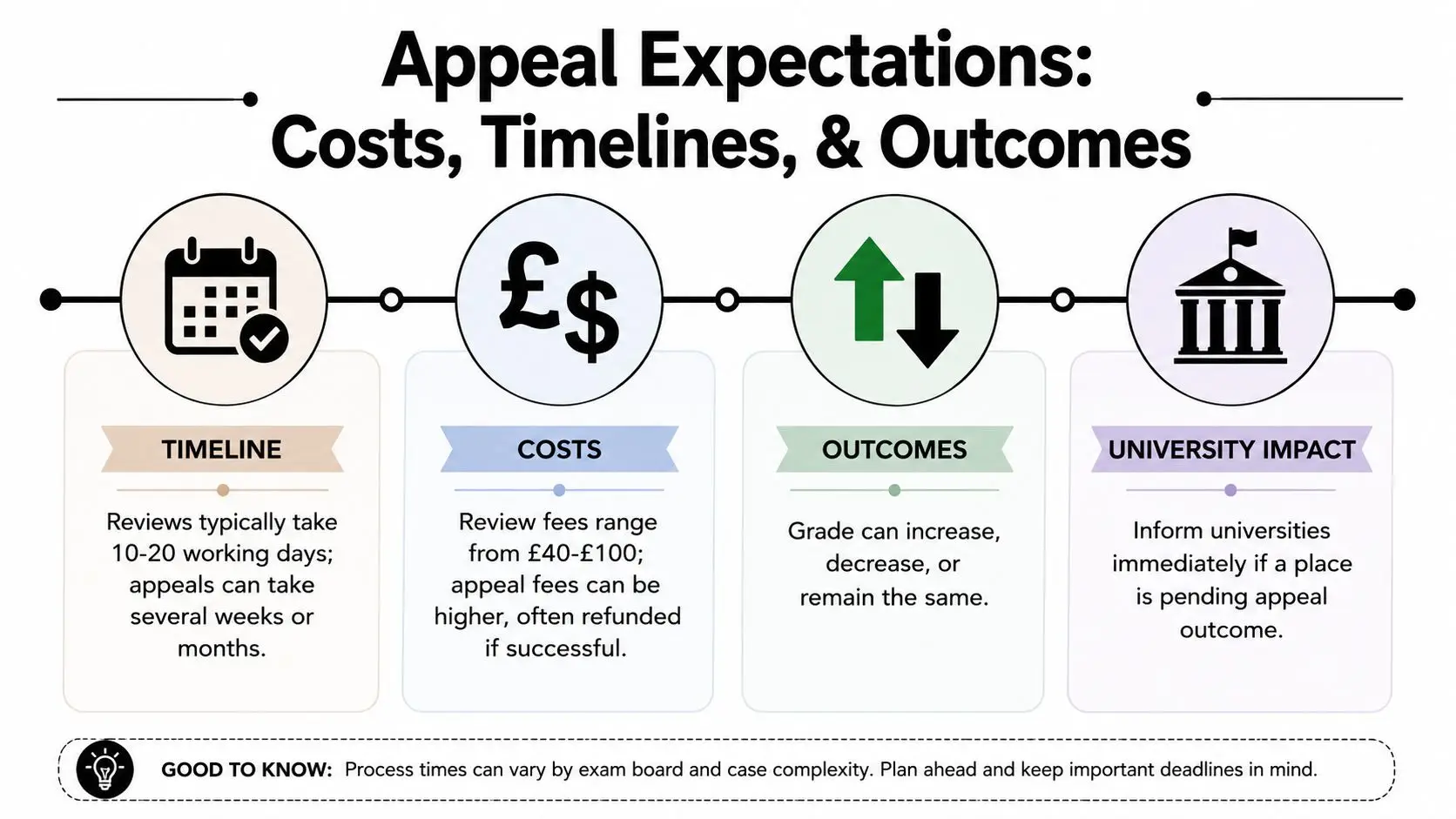 An infographic detailing the expected costs, timelines, and outcomes for students appealing their exam results.