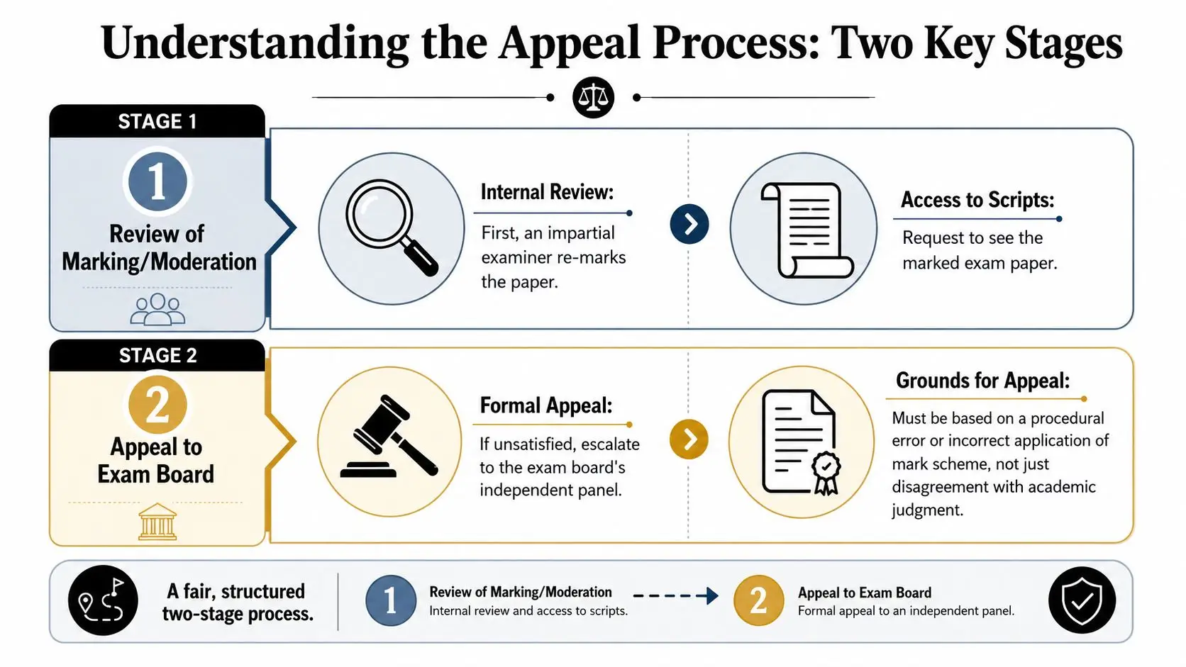 An infographic showing the two stages of appealing exam results: internal review and formal board appeal.
