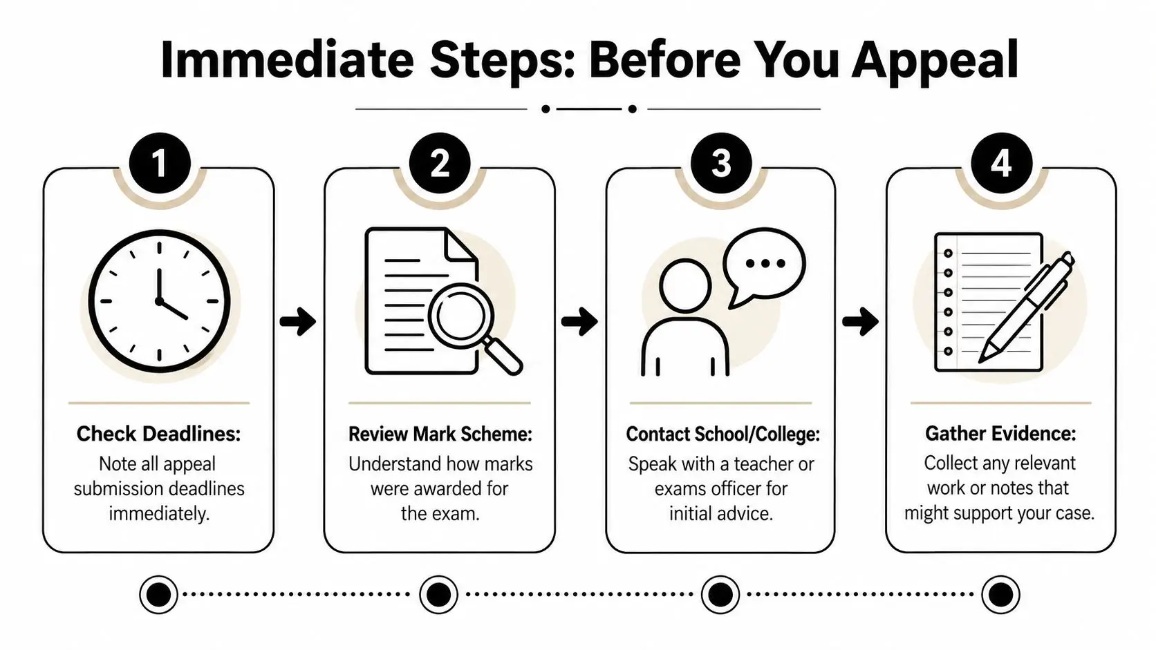 A four-step guide infographic titled Immediate Steps Before You Appeal showing the process of challenging exam results.