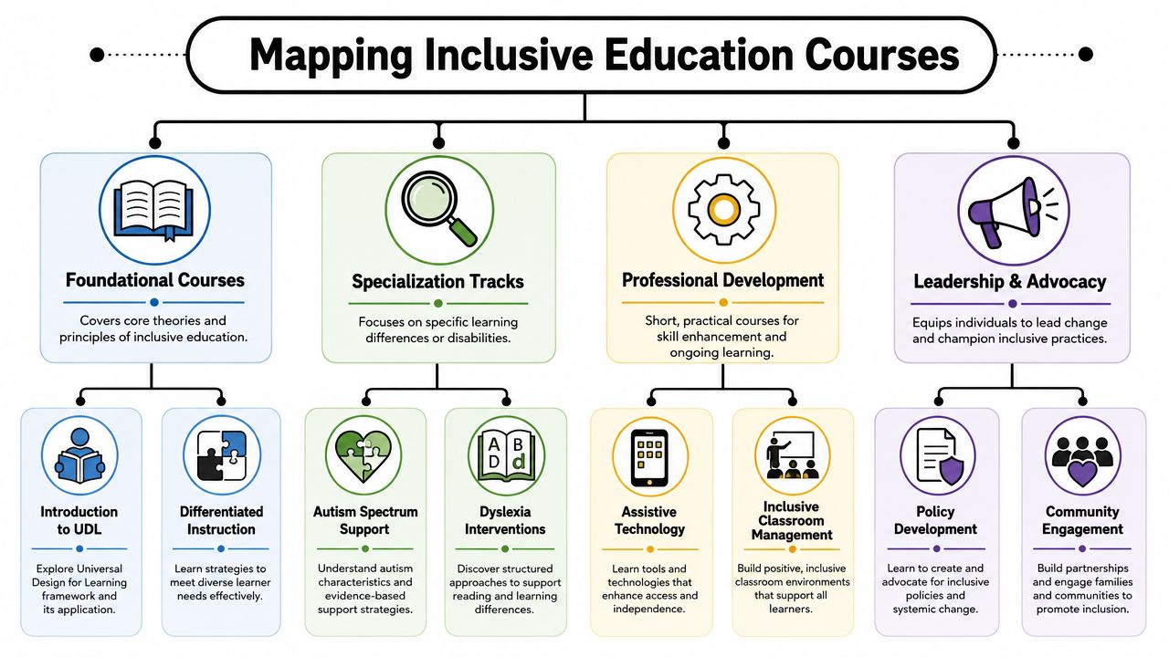 A structured flowchart titled Mapping Inclusive Education Courses, detailing categories, tracks, and specific focus areas for professional learning.