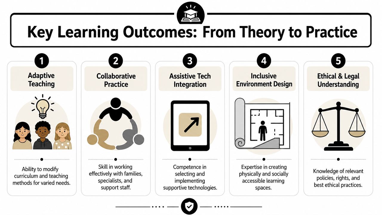 A diagram outlining five key learning outcomes for inclusive education: adaptive teaching, collaborative practice, assistive technology, environment design, and ethics.