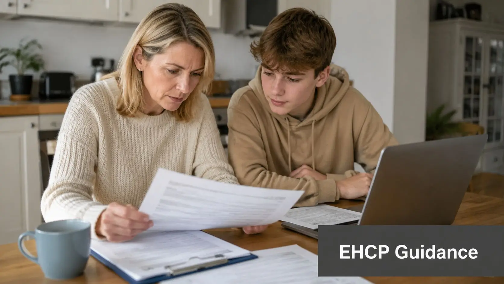 A woman and a young man sitting at a table reviewing documents together near a laptop.
