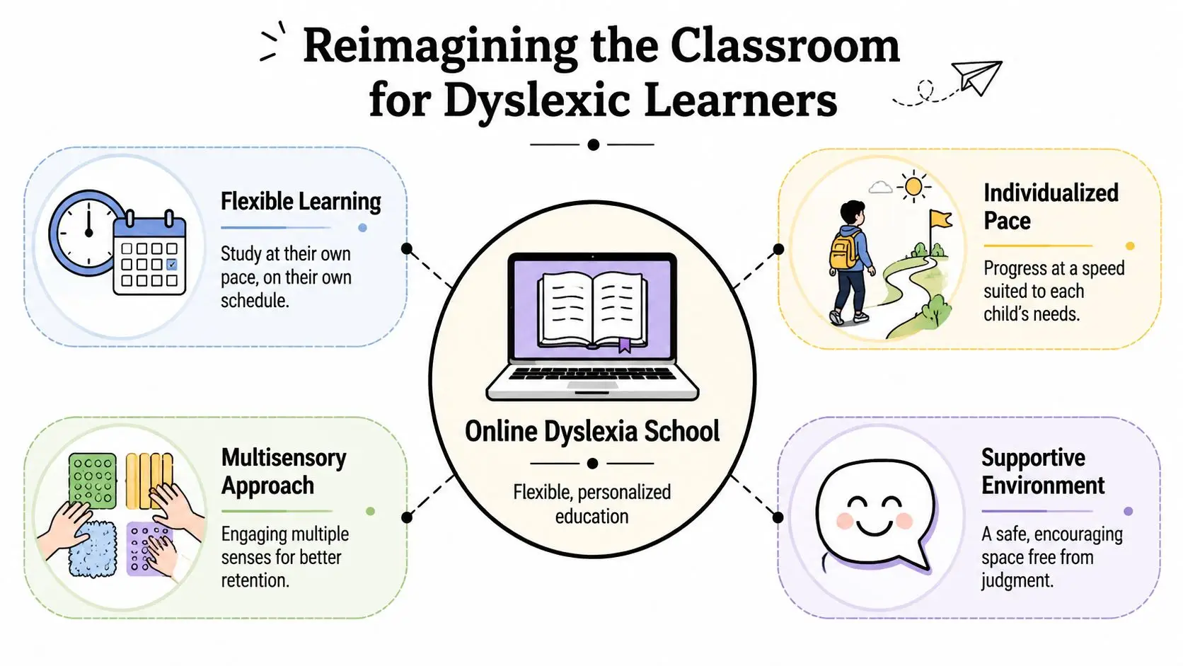 An infographic detailing four core features of an online dyslexia school for personalized and multisensory learning.