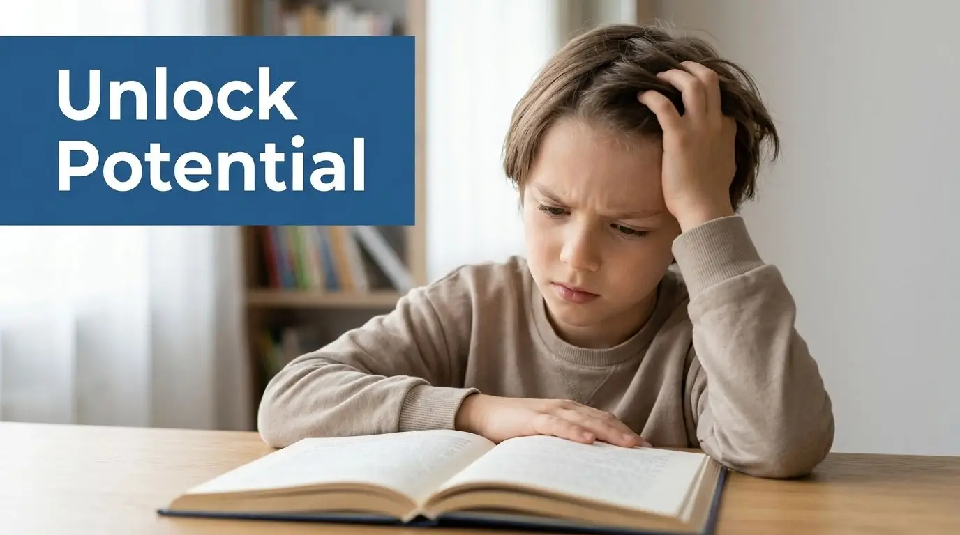 A young boy looking frustrated while studying from a book at a table, representing learning challenges.