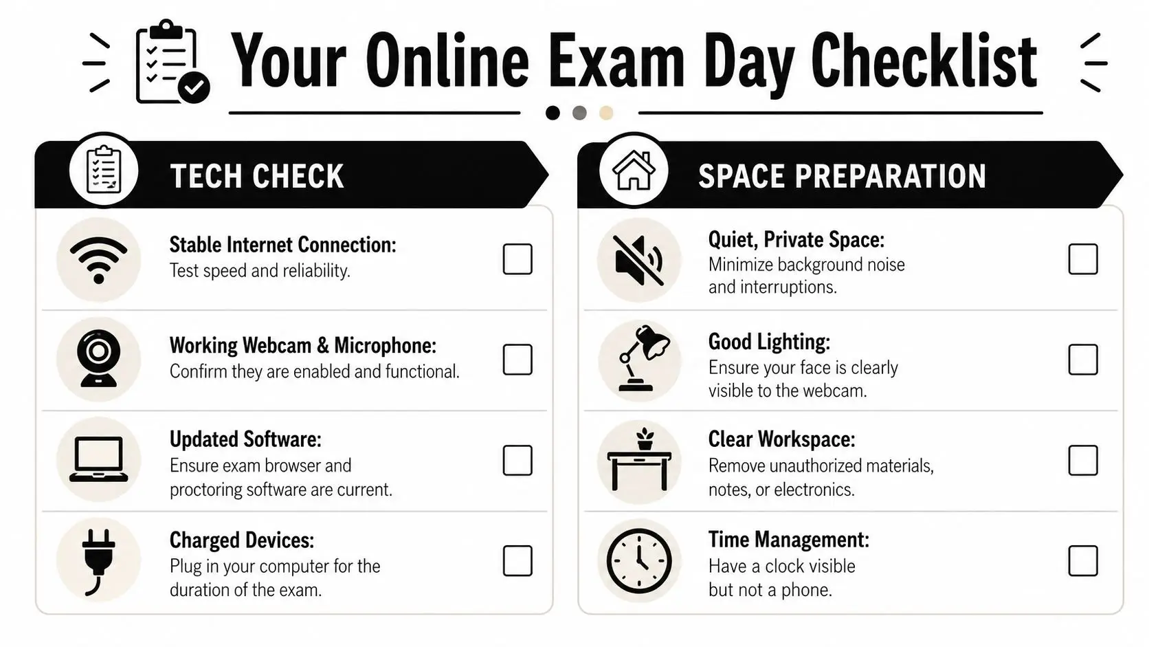 An infographic checklist for students preparing for online proctored exams, covering tech requirements and physical workspace preparation.