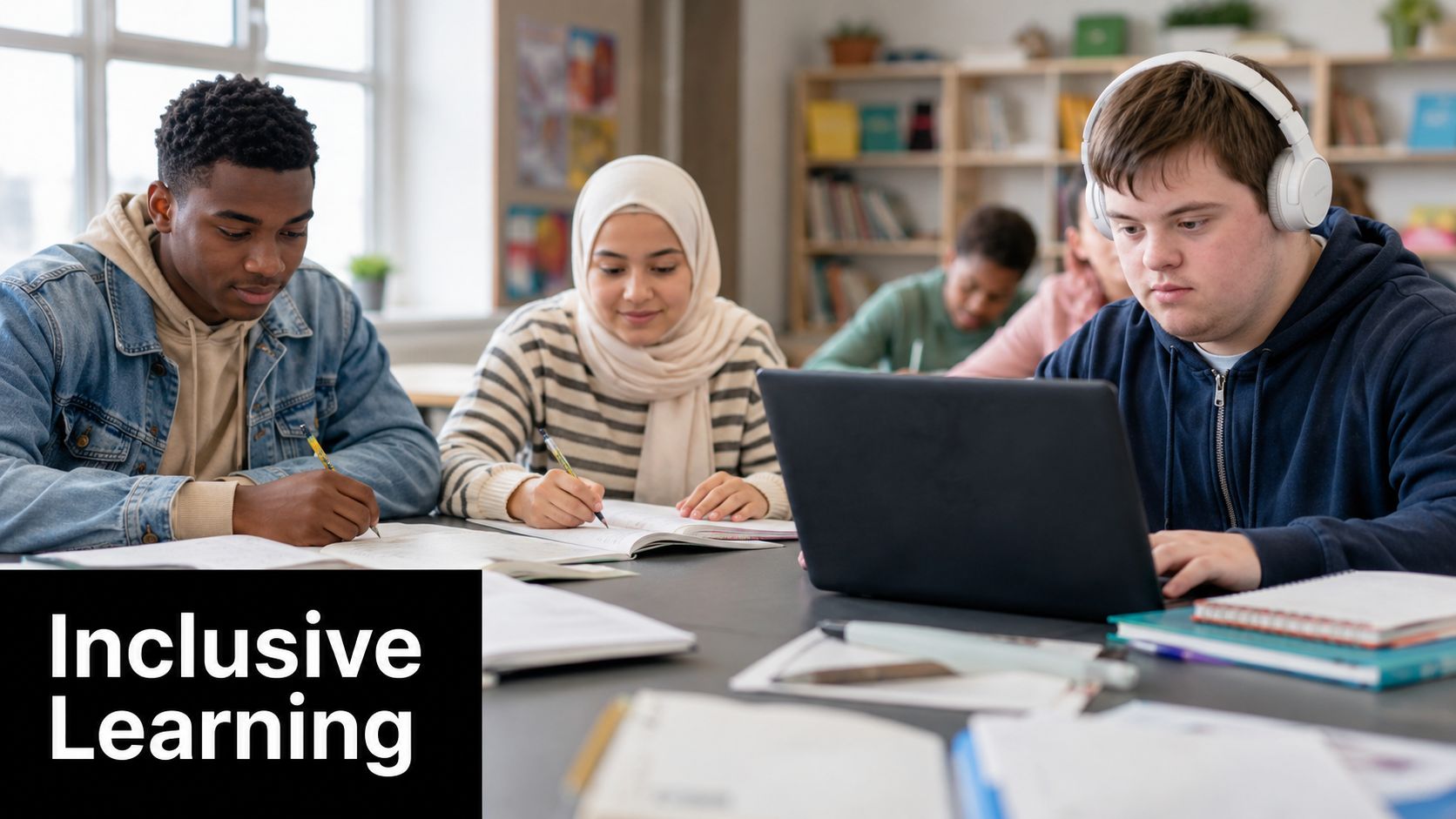 A diverse group of students studying together in a bright, modern library setting at a table.