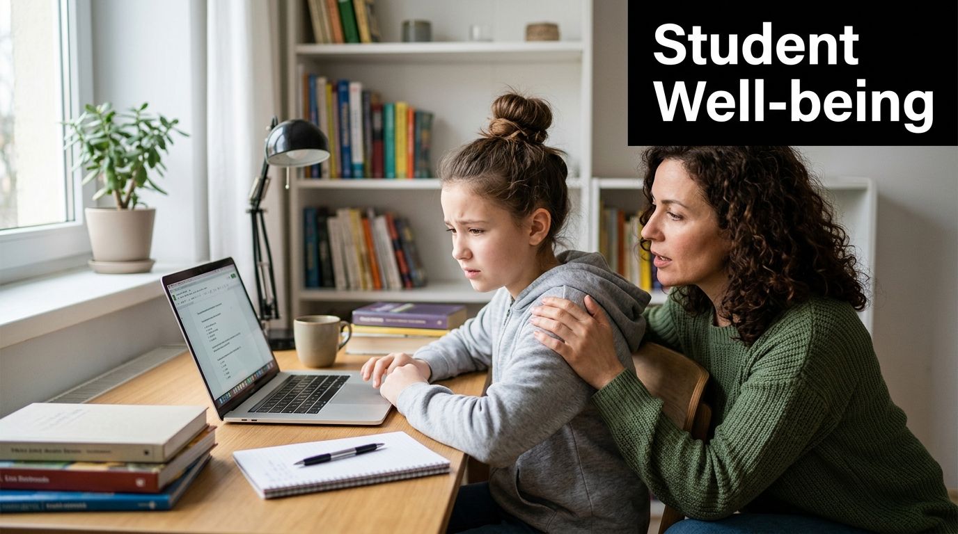 A concerned mother providing support to her daughter who is struggling while studying on a laptop at home.