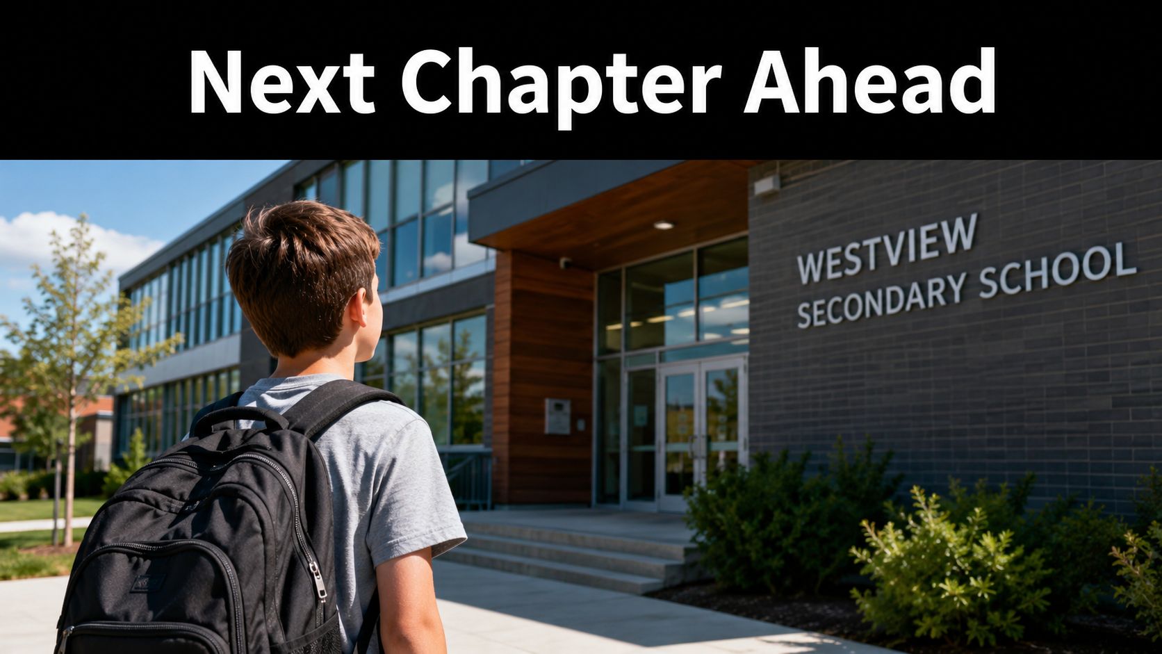 A student with a backpack looking toward the entrance of Westview Secondary School on a sunny day.