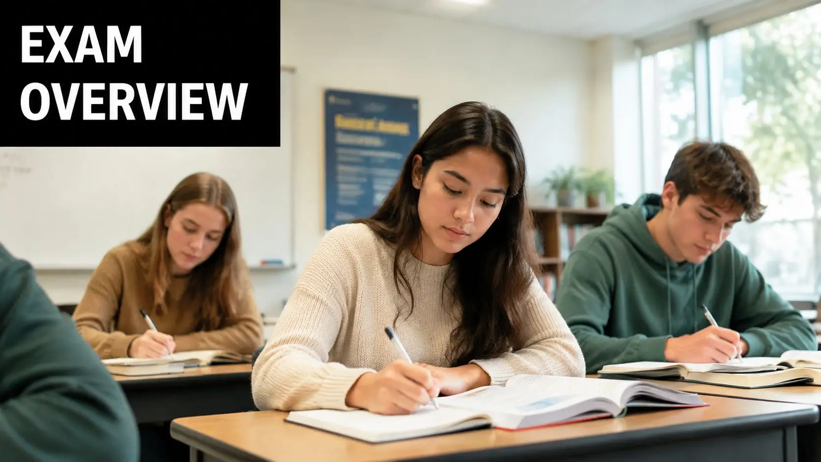 A diverse group of high school students studying and taking notes in a quiet, bright classroom setting.