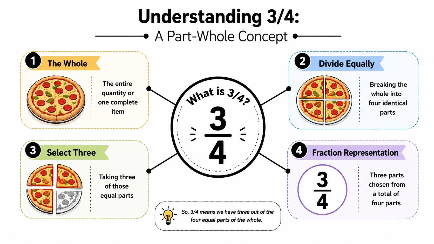An educational infographic explaining the fraction three-fourths using a pizza divided into four equal parts.