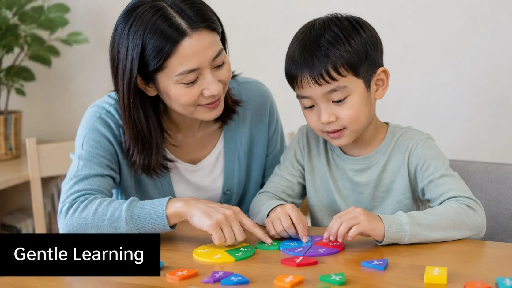 A mother and her young son sitting at a table together while learning fractions with colorful pieces.