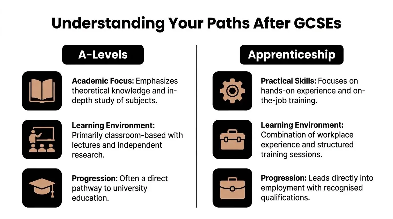 A comparison chart outlining the key differences between A-Levels and Apprenticeships for post-GCSE education and training paths.