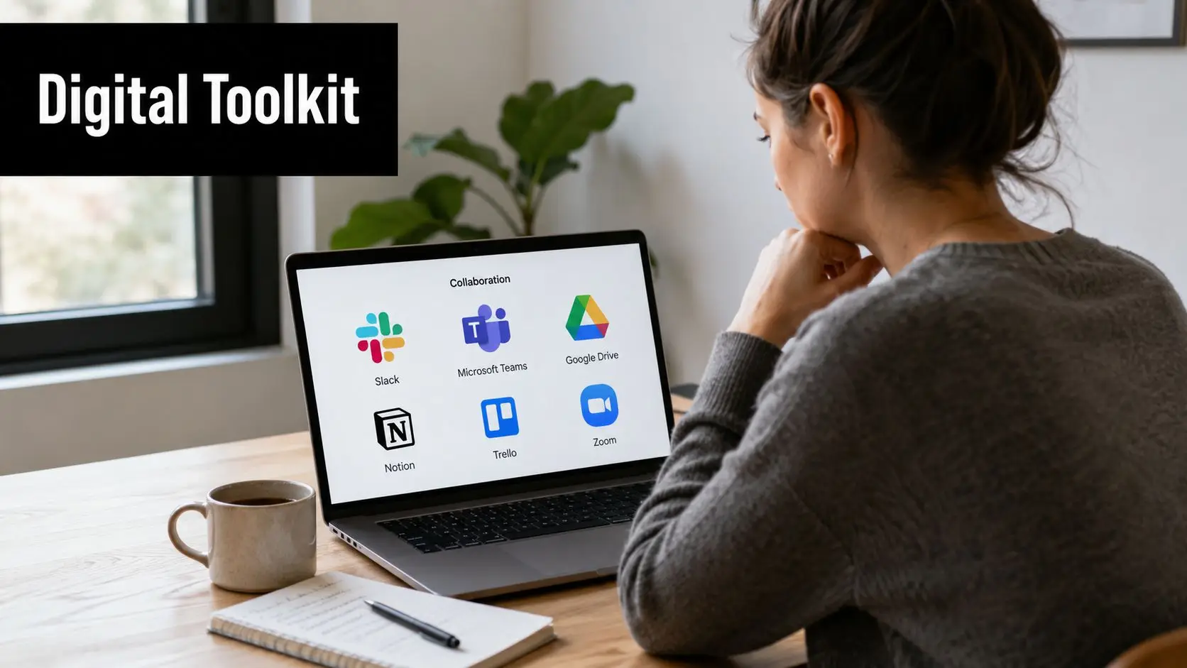 A woman working on a laptop displaying various collaboration software icons at a wooden desk.