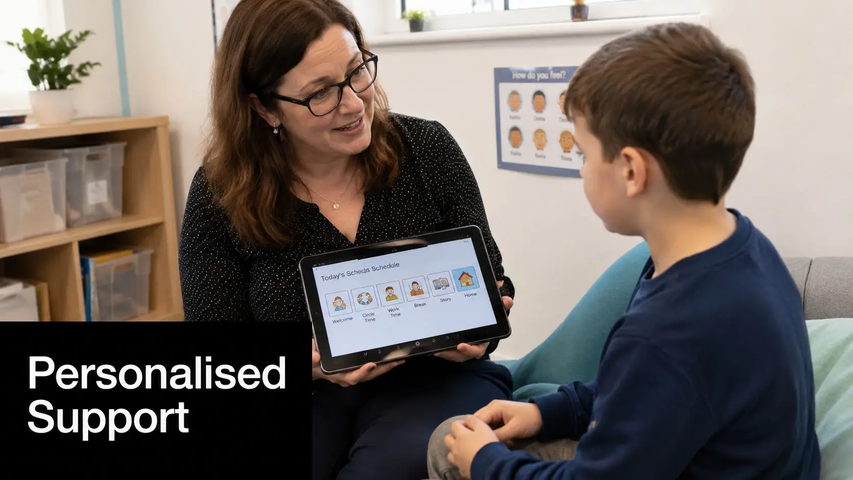 A teacher shows a visual schedule on a digital tablet to a student in a classroom setting.