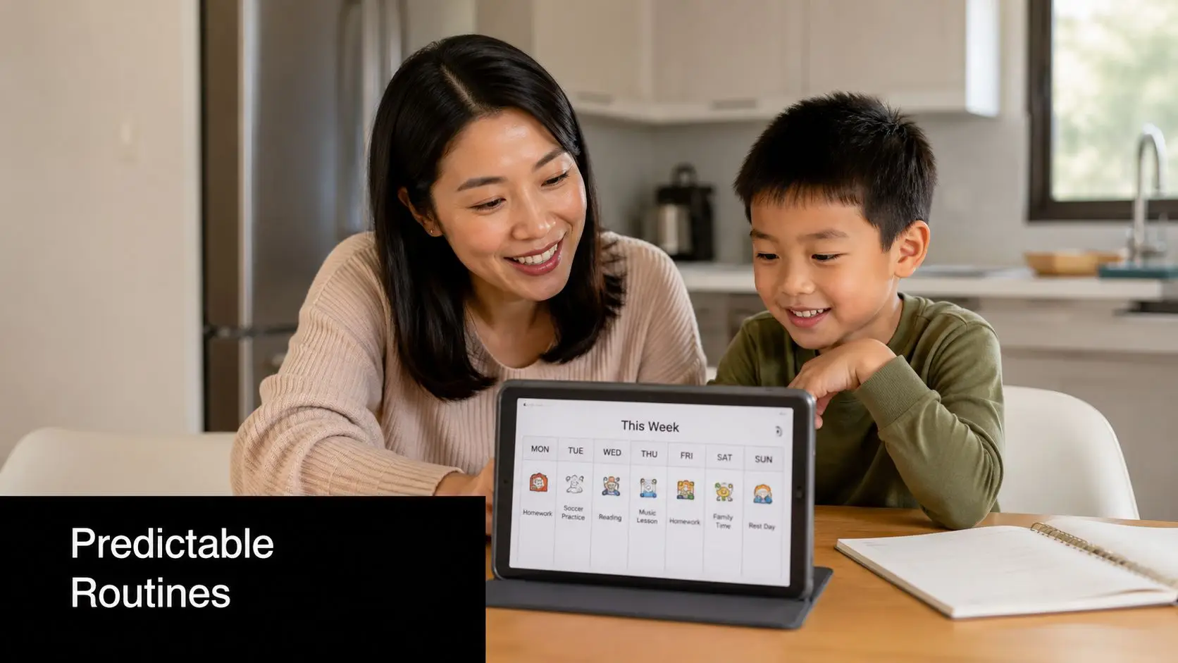 A smiling mother and her young son looking at a weekly schedule on a tablet computer together.