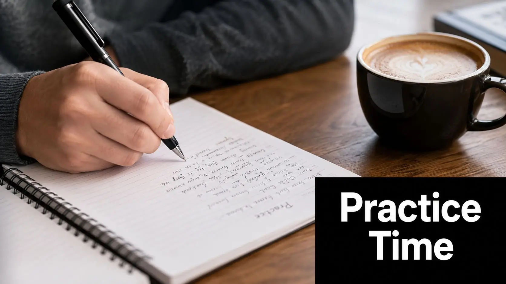 A person writing in a notebook next to a cup of coffee on a wooden table.