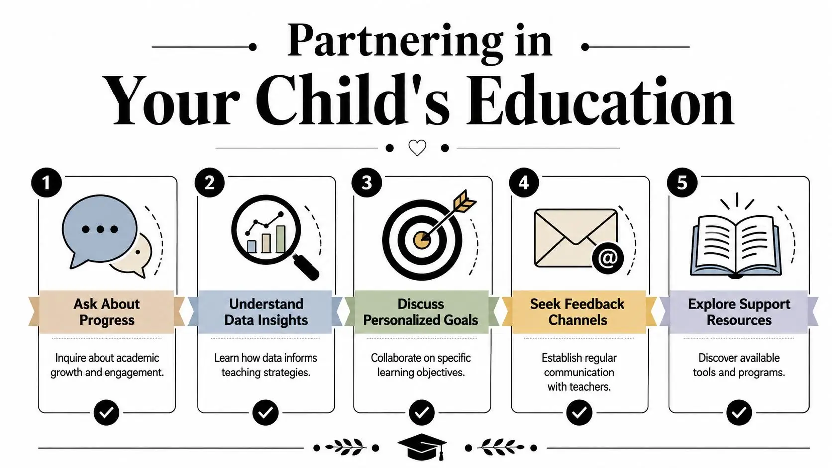 A five-step infographic guide for parents to partner in their child's education through teacher collaboration.