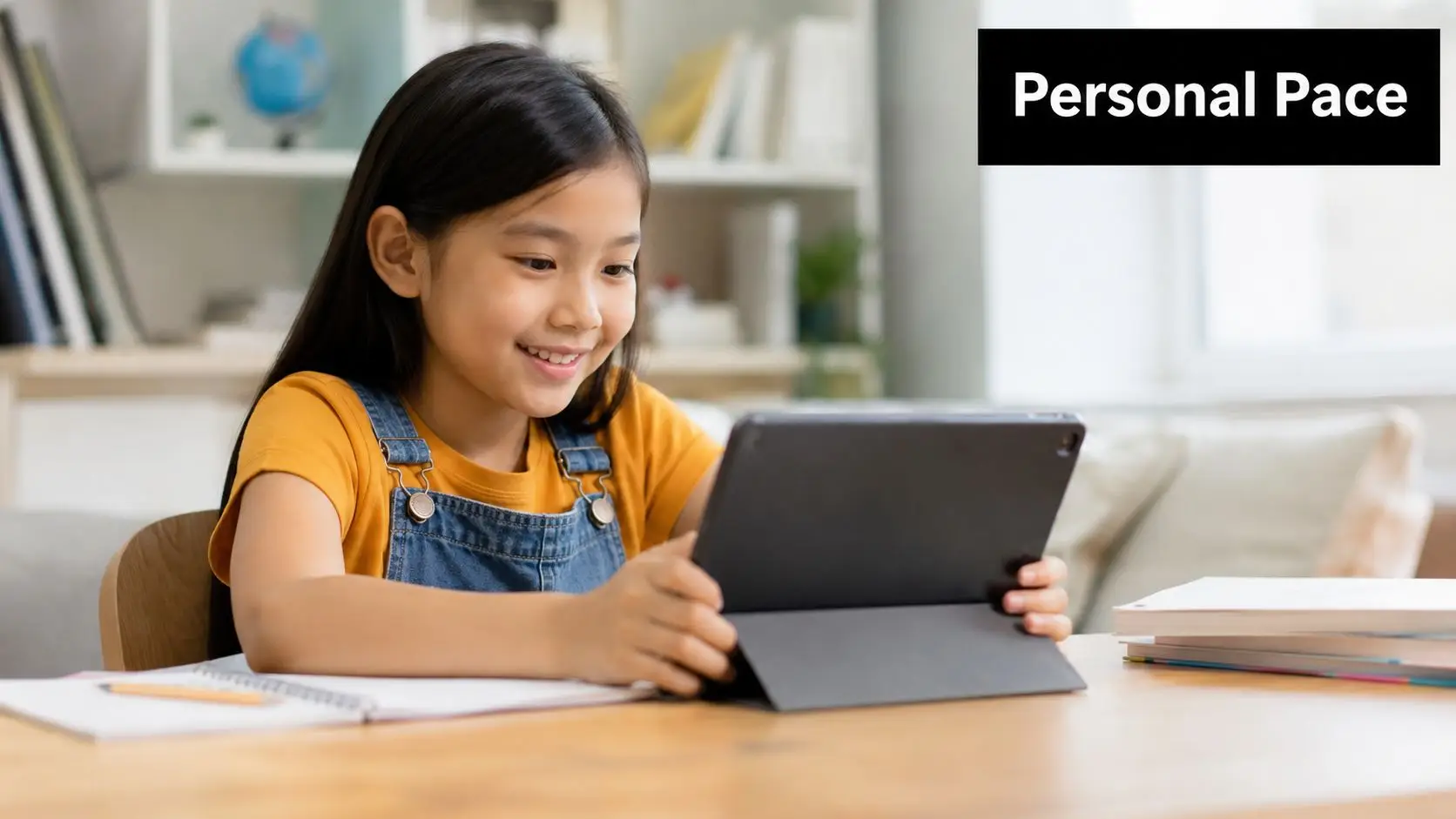 A young girl smiling while using a digital tablet for online learning at a home desk