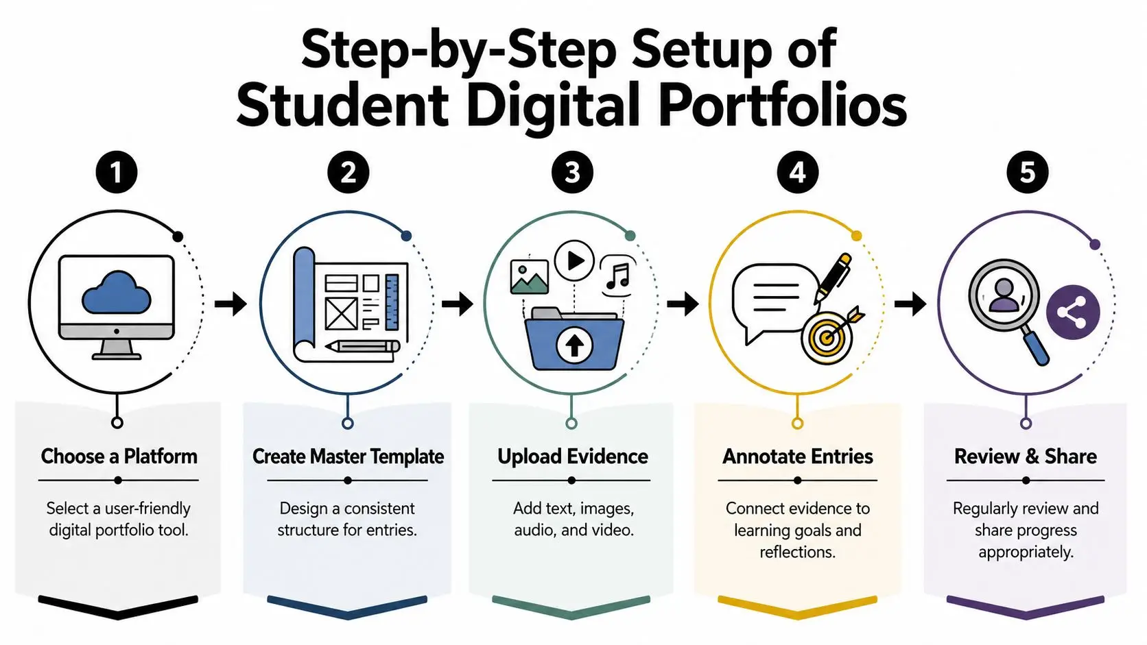 A five-step infographic showing the process of setting up digital portfolios for students.