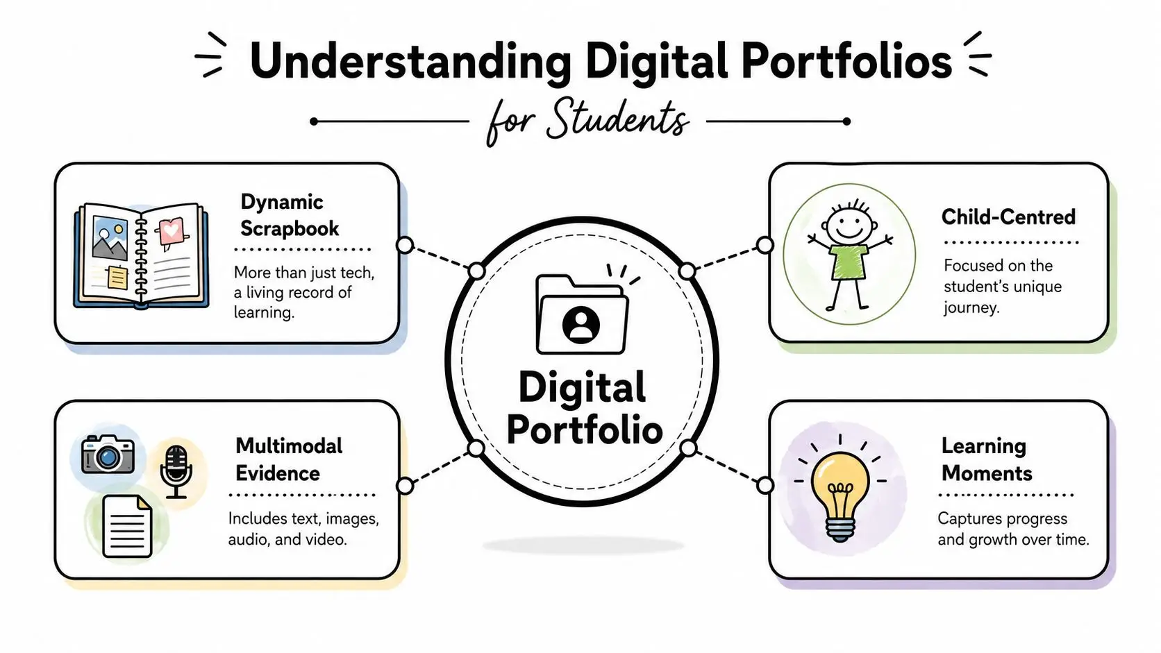 An infographic titled Understanding Digital Portfolios for Students explaining its key features like scrapbook, evidence, and growth.