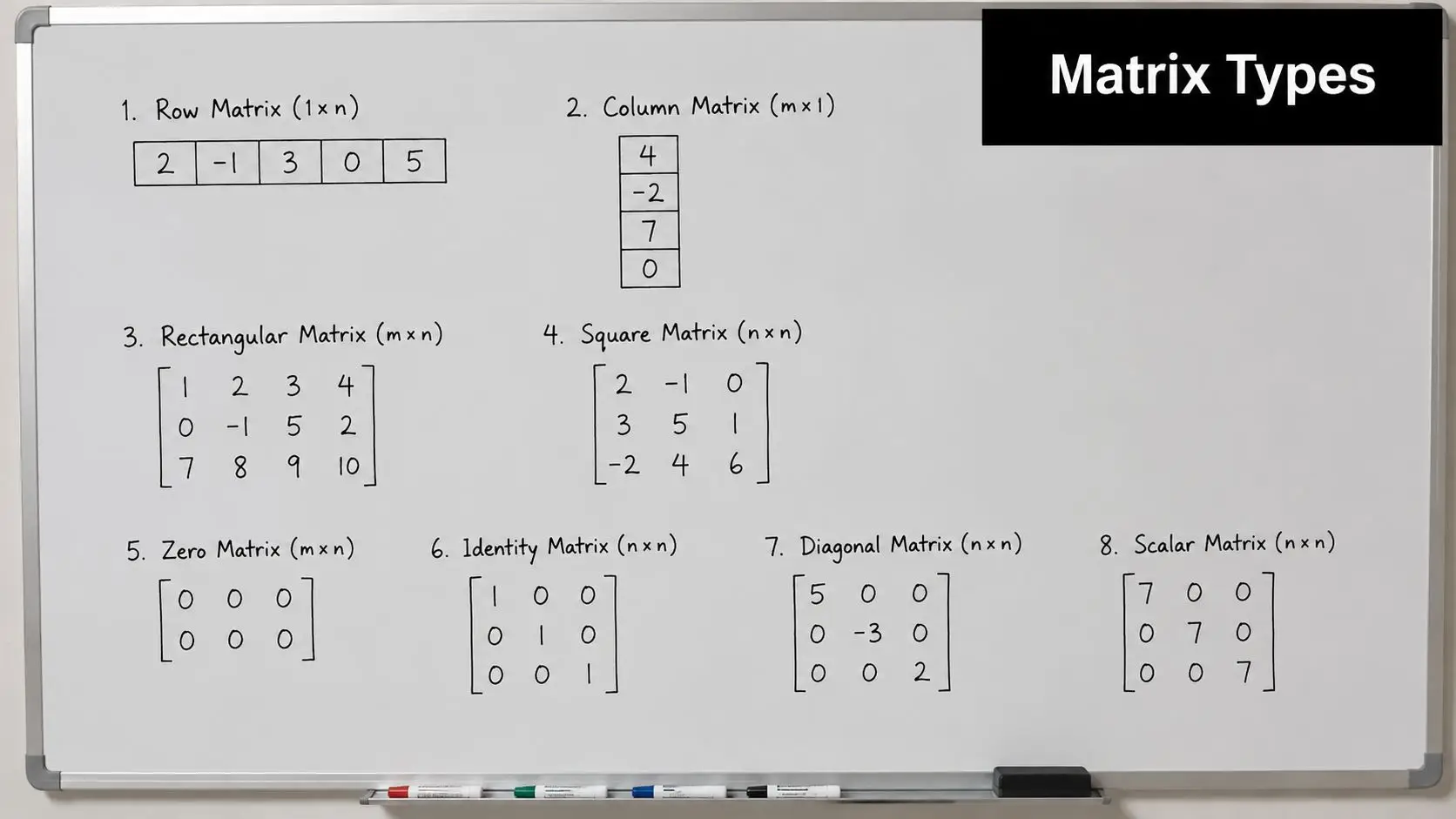 A whiteboard illustration titled Matrix Types showing examples of eight different categories of mathematical matrices.