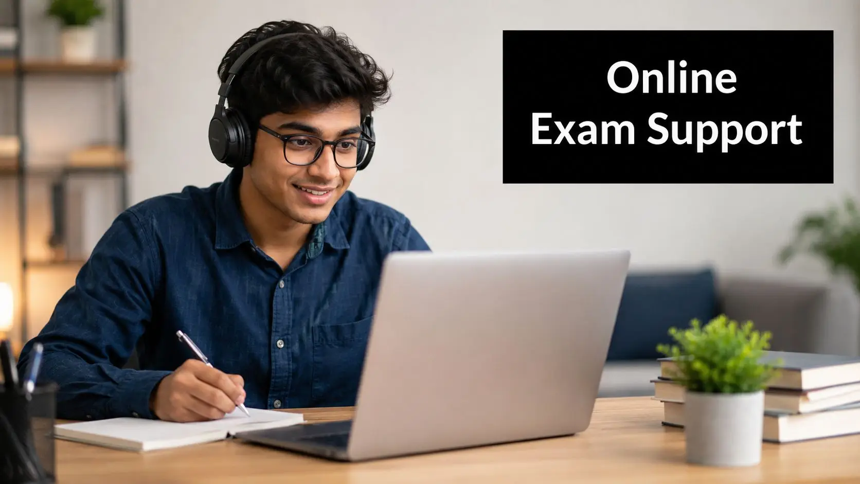 A young male student with glasses and headphones taking notes while studying on his laptop at home.