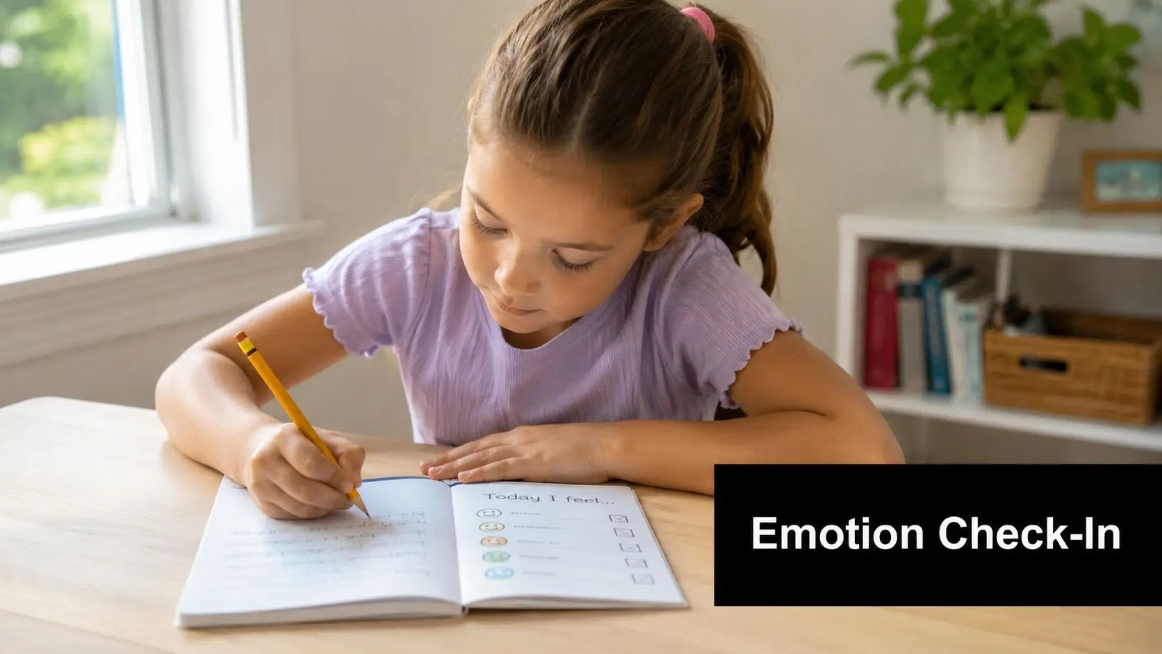 A young girl writing in a journal during an emotion check-in exercise at a wooden desk.