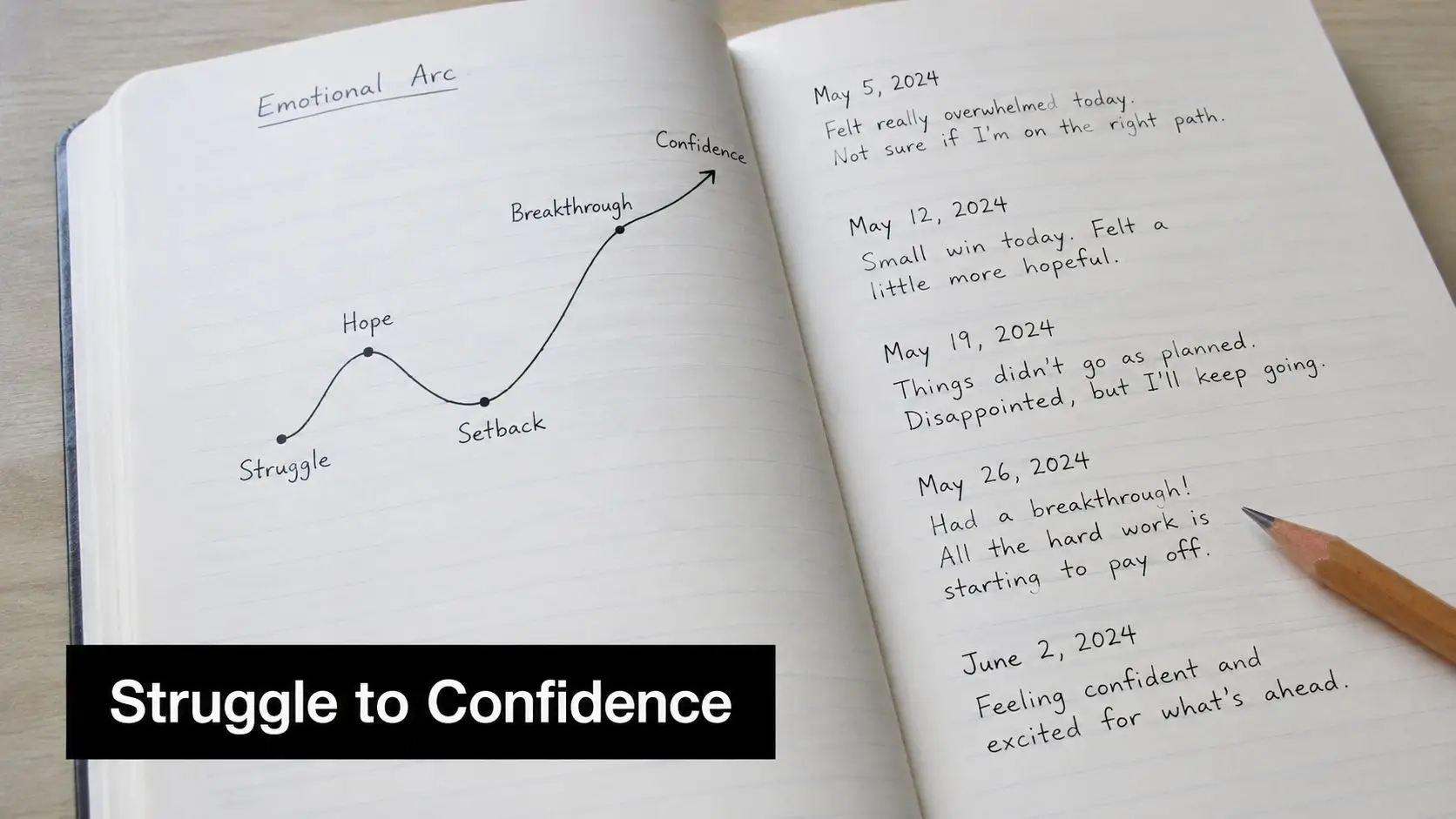 A journal page showing an emotional arc graph and diary entries documenting progress from struggle to confidence.
