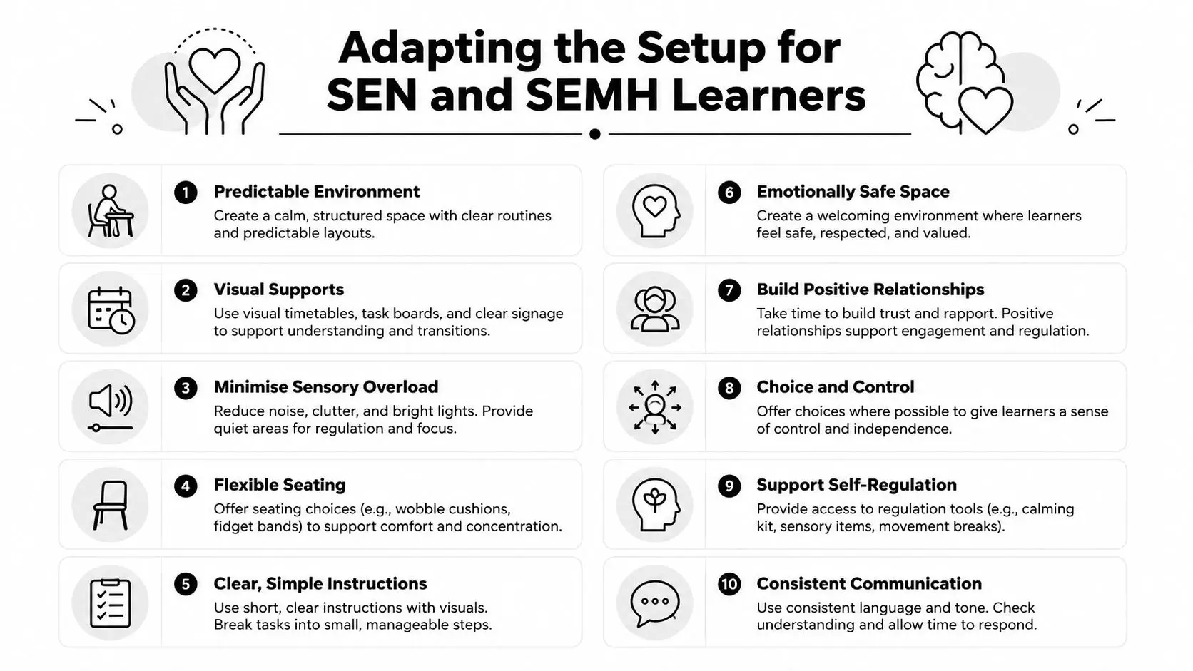 An infographic titled Adapting the Setup for SEN and SEMH Learners with ten numbered advice points.