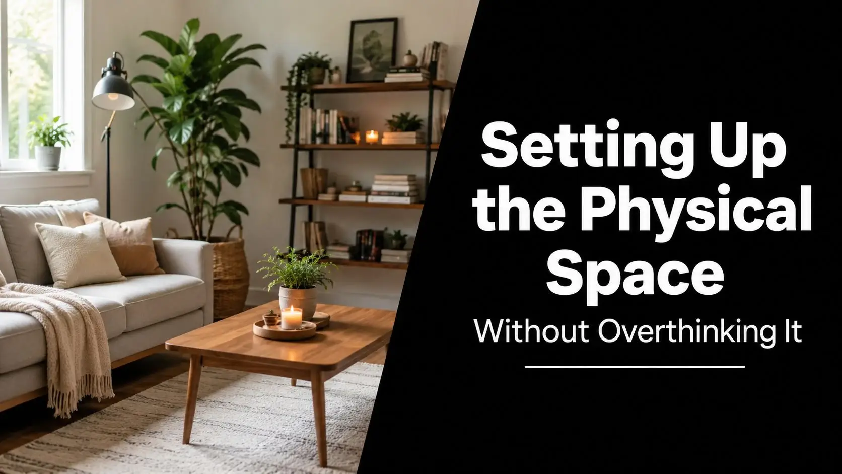 A cozy, minimalist living room with a comfortable sofa, coffee table, and bookshelf for a calm environment.