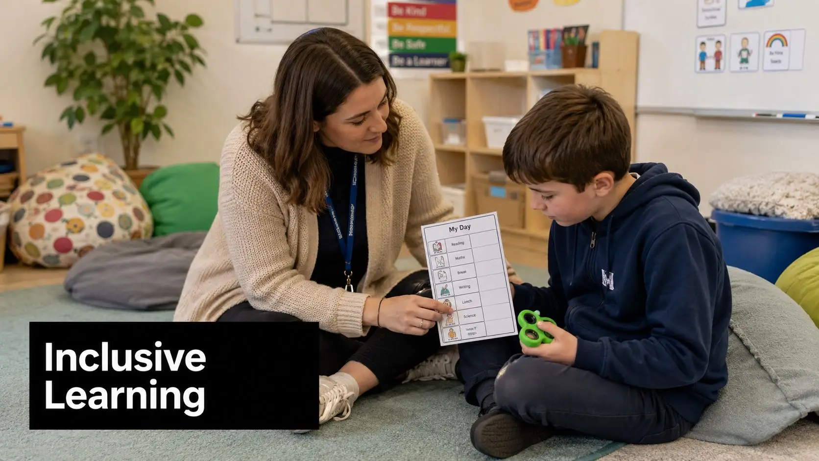 A teacher assisting a student with a visual schedule card in an inclusive classroom setting.