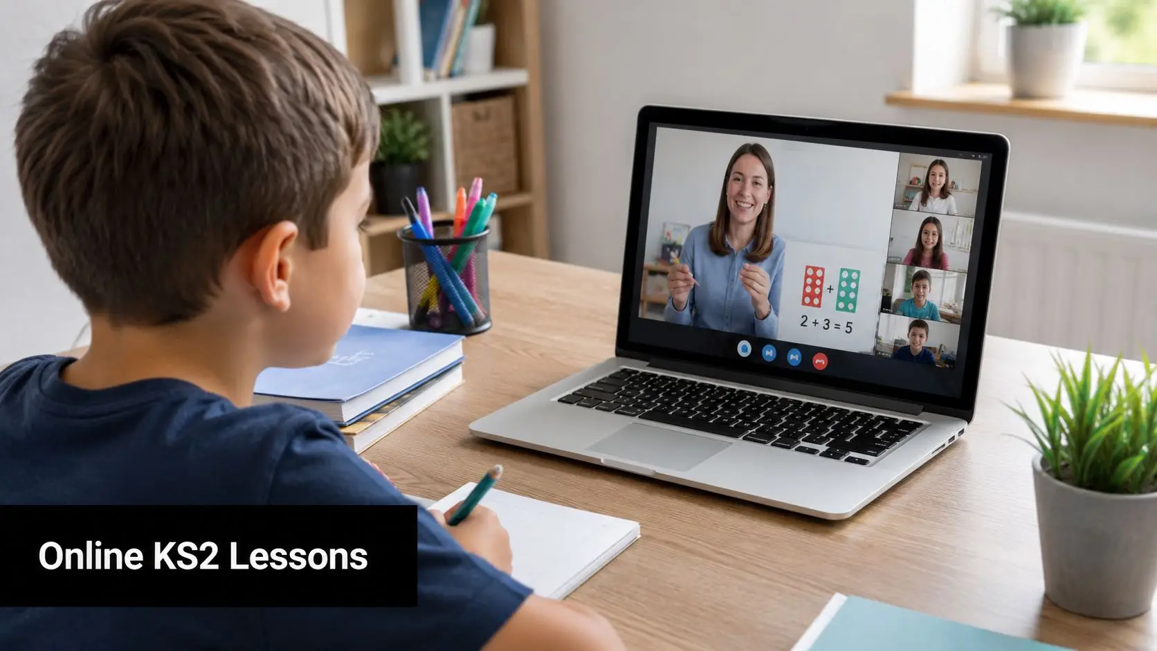 A young boy engaged in an online lesson on his laptop, focusing on math for primary education.