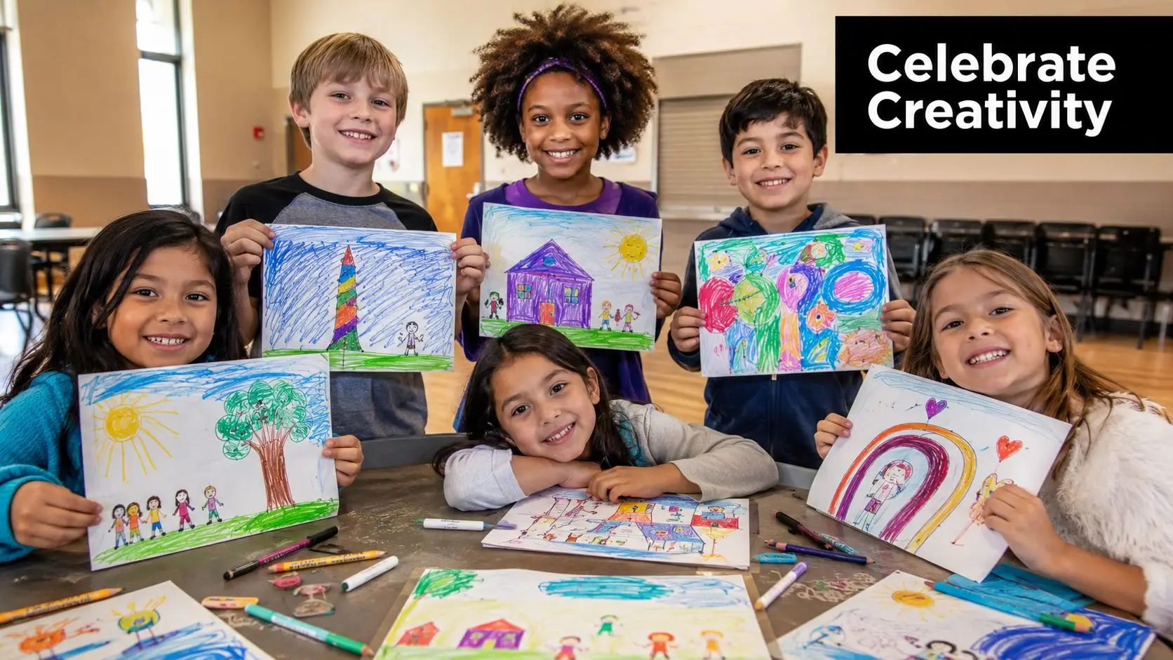 A group of diverse children happily showing their creative colorful drawings during an art school activity.