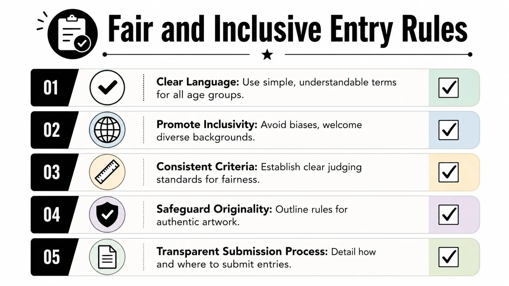 A list of five fair and inclusive entry rules for a competition displayed with icons and text.