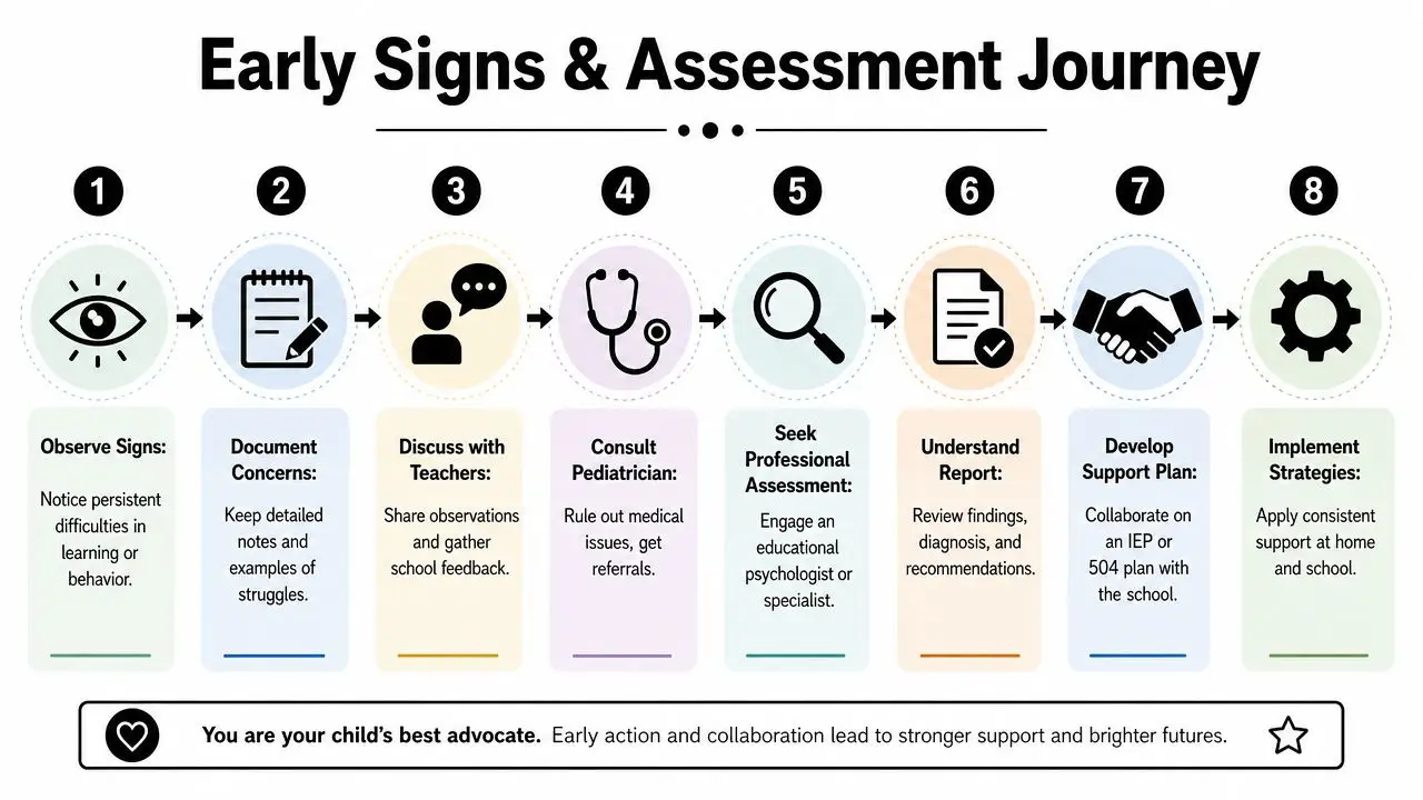 An eight-step infographic illustrating the early signs and assessment journey process for children's developmental or learning needs.