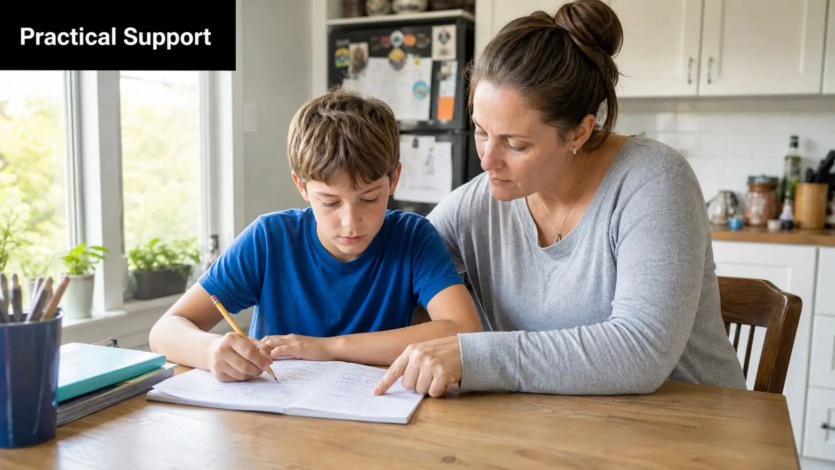 A mother sits at a wooden table providing homework assistance to her young son at home.