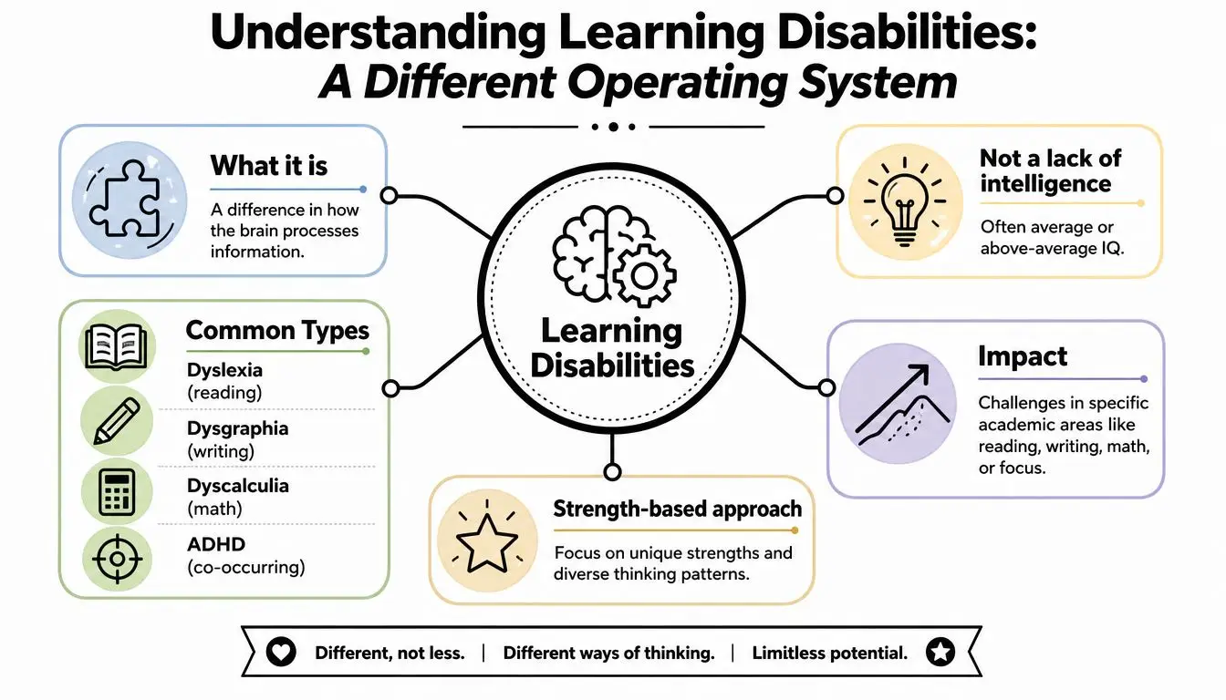 An infographic titled Understanding Learning Disabilities, explaining that they are neurological differences rather than a lack of intelligence.