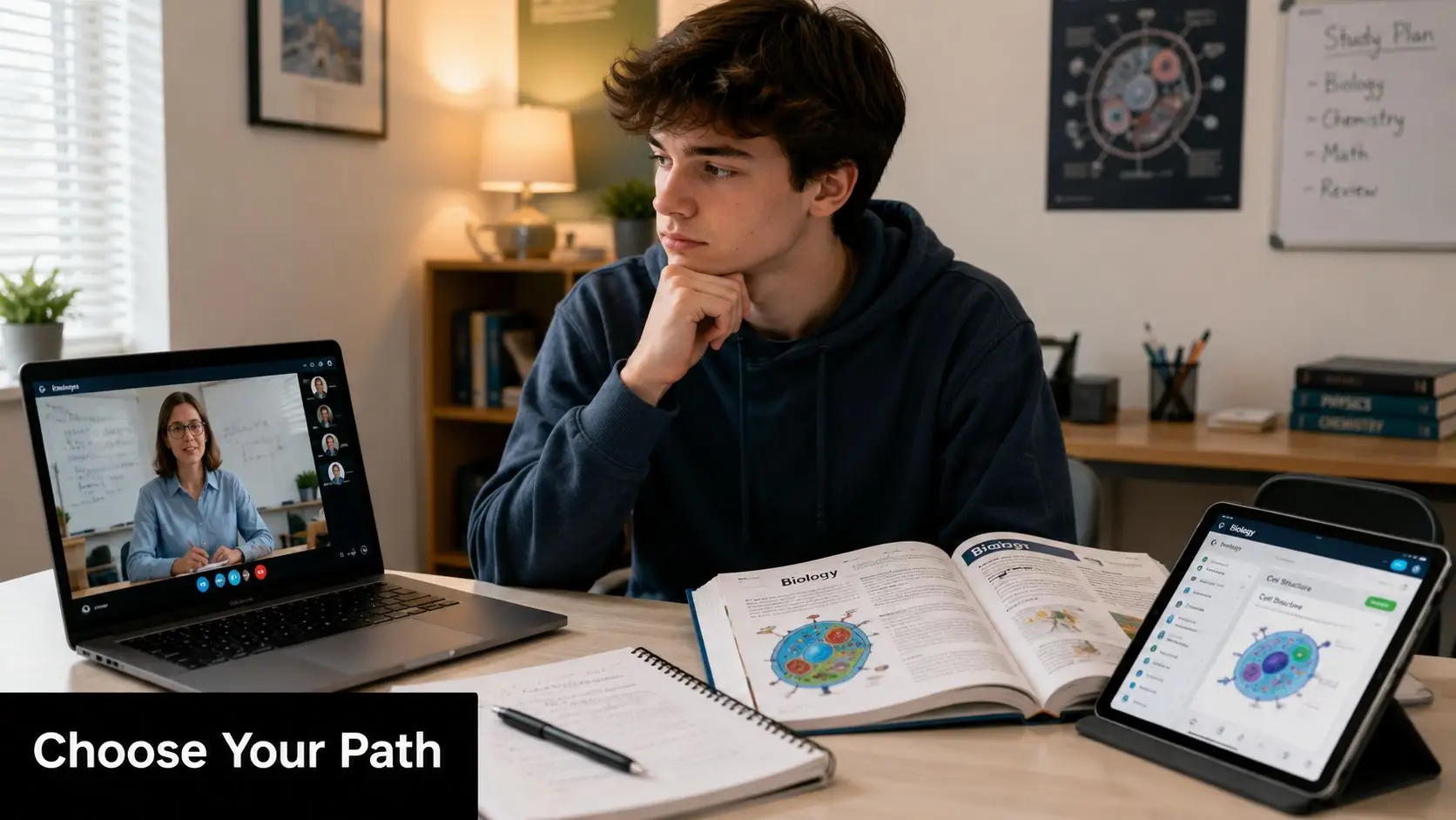 A student studying online for a biology exam with a laptop, textbook, and tablet on a desk.