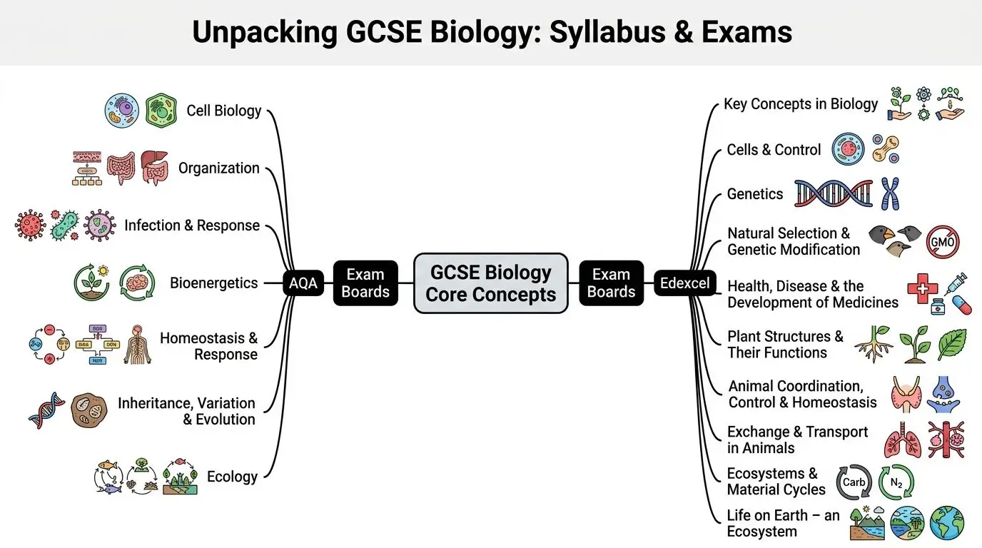 A mind map illustrating GCSE Biology syllabus topics for AQA and Edexcel exam boards.
