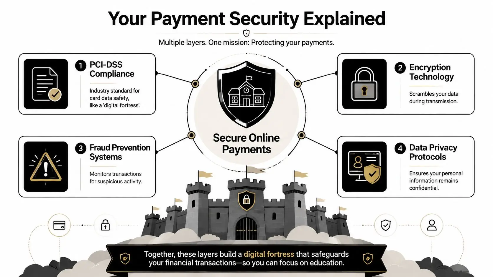An infographic titled Your Payment Security Explained, highlighting four key layers of security for online payments.