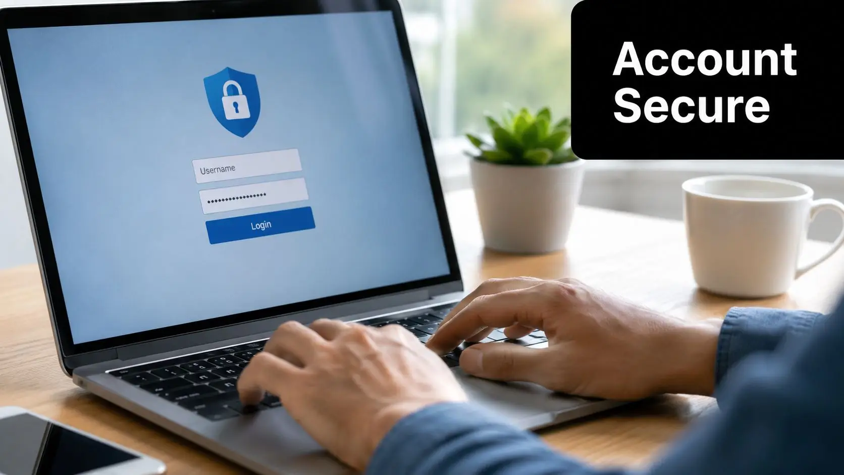 A person typing on a laptop computer displaying a secure login screen with a shield icon.